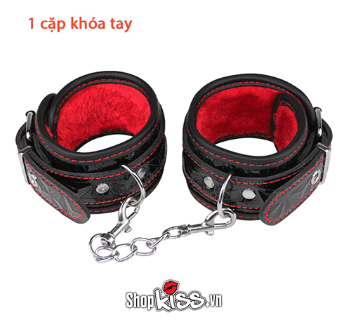 Bộ đồ chơi BDSM 10 món da PU đen đỏ kích thích quyến rũ cho đôi