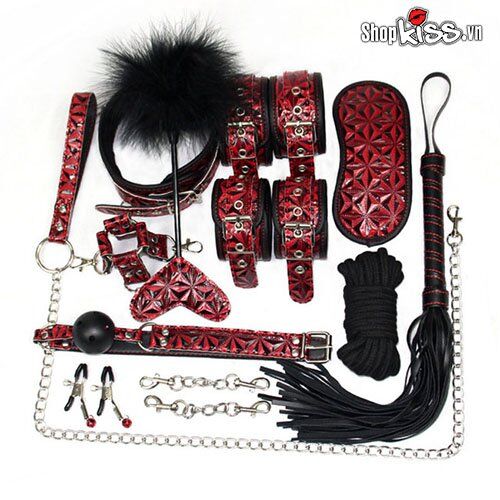 Bộ đồ chơi BDSM 10 món da PU đen đỏ kích thích quyến rũ cho đôi