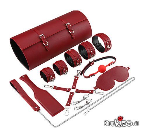 Bộ đồ chơi bạo dâm da PU cao cấp đỏ đen, khóa, xích, bịt mắt