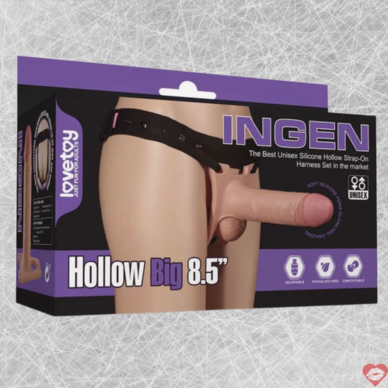 Strapon rỗng silicone 21cm đai da đụng chạm đôi bên