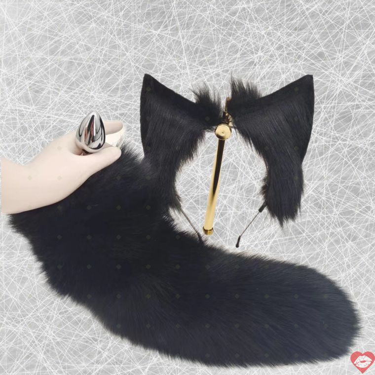 Fluffy Black Fox Tail Đít Cắm Tai Thỏ Đen Cao Cấp Quyến Rũ
