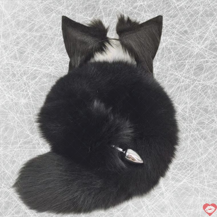 Shiny Black Furry Fox Tail Plug Kim Loại Lông Hồ Ly