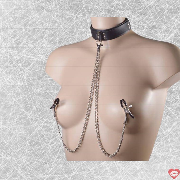 Vòng cổ Sitabella kẹp núm đen da thật kích thích mạnh