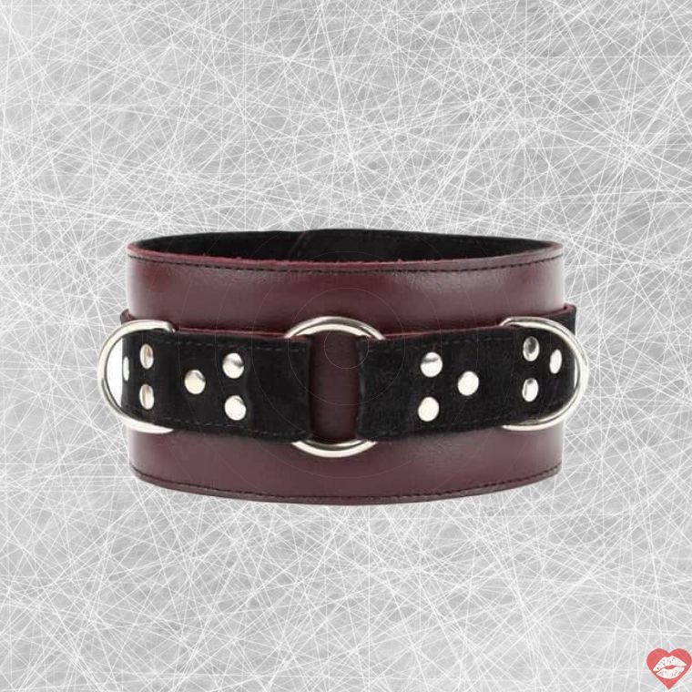Collar BDSM Arsenal Đỏ Đậm Da Thật Khóa Rivet